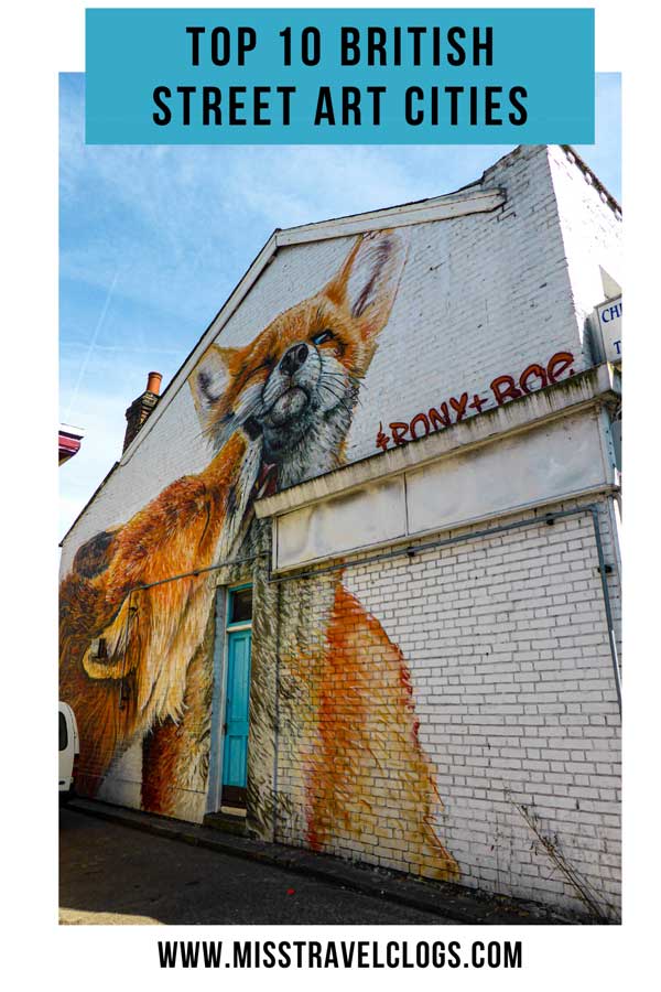 Pinterest image of a mural with two foxes licking each other by Irony+Boe in London