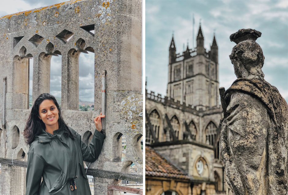 collage of two pictures: on the left Miss Travel Clogs at the top of Bath Abbey and on the right a close-up of a sculpture at the Roman Baths with Bath Abbey in the background