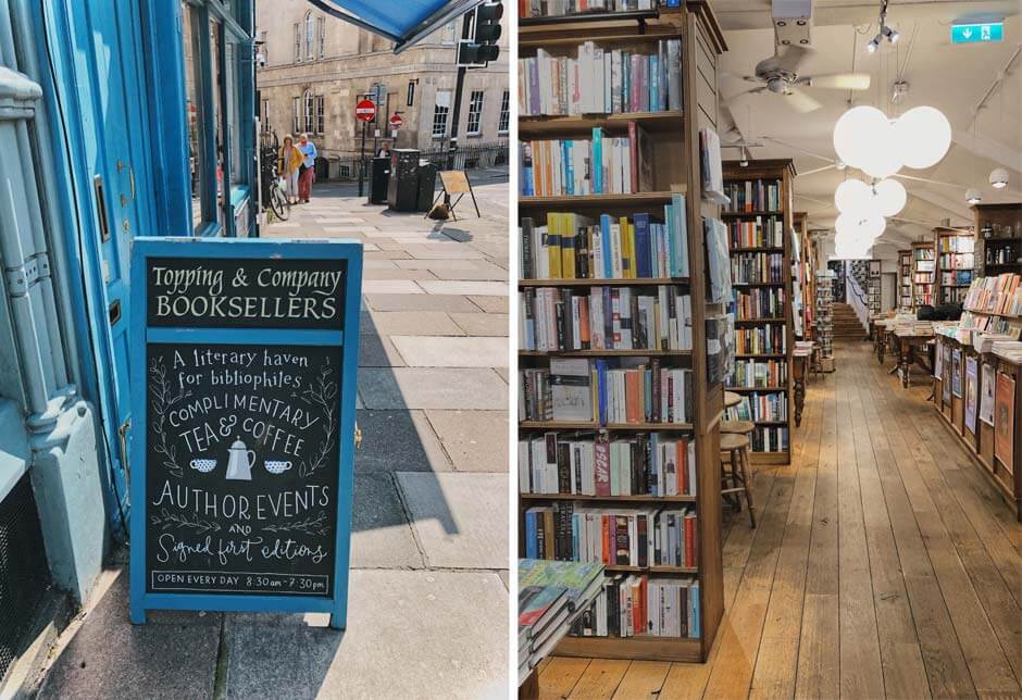 collage of two pictures of Topping & Company bookshop: on the left the sign for it outside the shop and on the right interior shot of rows of bookcases