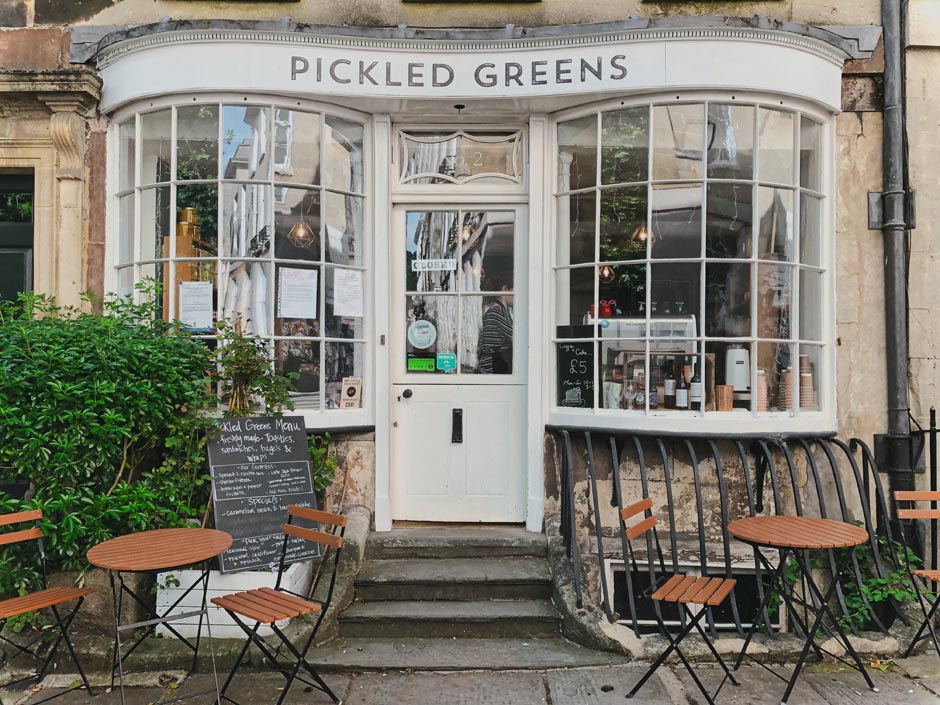 bath uk trip exterior of a cute looking café in Bath, England, called Pickled Greens